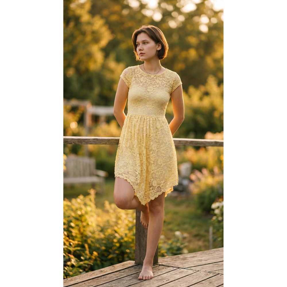 Anthropologie Finn Clover Yellow Lace Hi Lo Dress S Cottagecore Fairy